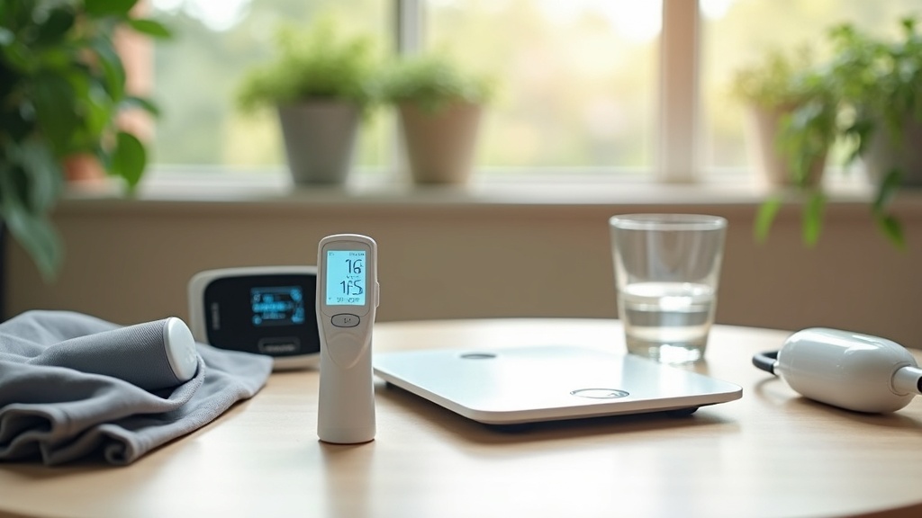 A cozy table at home with a smart scale, a digital thermometer, a blood pressure monitor, and a clean glass of water, surrounded by leafy plants and soft natural light.