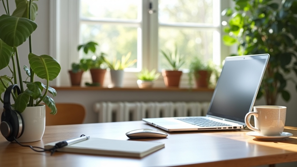 A tidy home office with a laptop, headset, notepad, and coffee mug on a desk, sunlight streaming through the window, and houseplants adding atmosphere