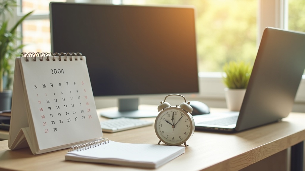 A tidy home workspace with a calendar, clock, and notepad on the desk in front of a computer, bathed in soft morning light.